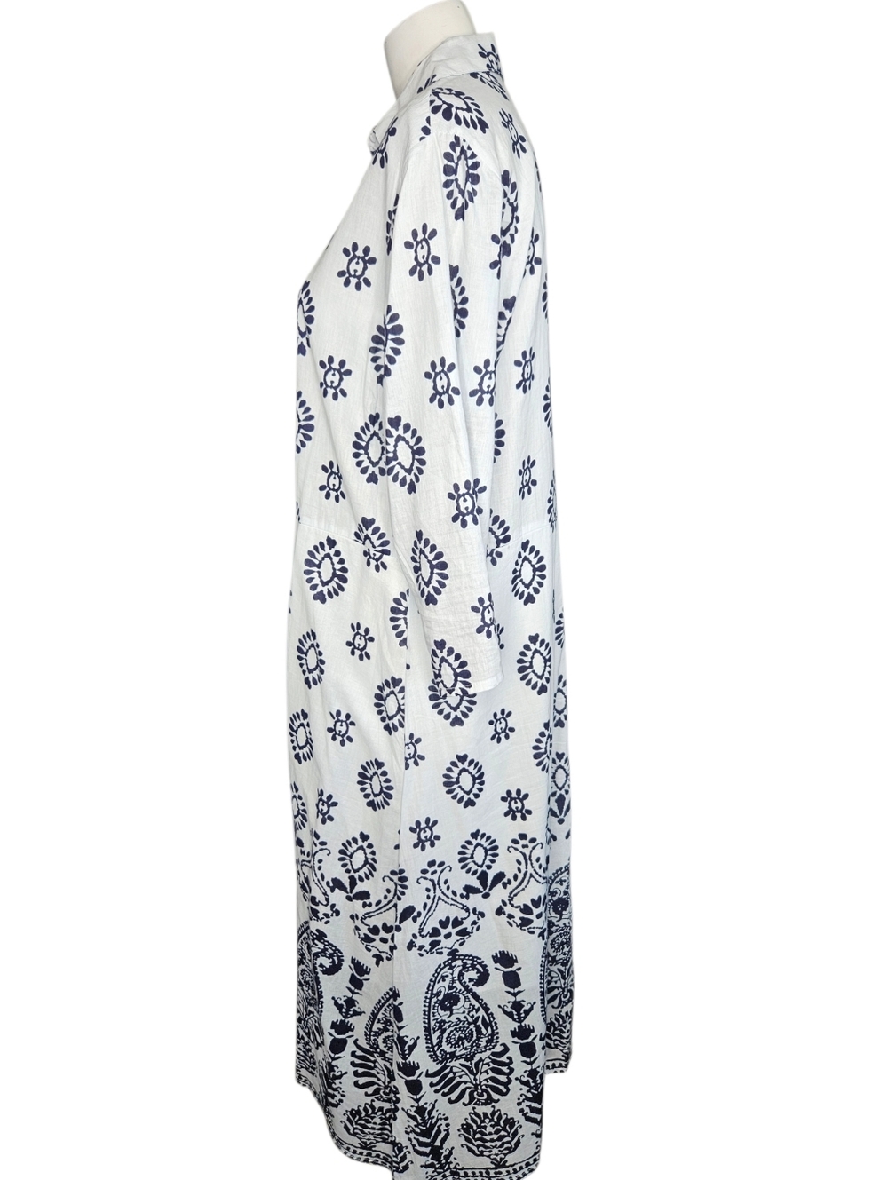 Mlle Gabrielle Blue White Boho Midi Dress Coastal Grandma Resort 3/4 Sleeve LG - Picture 5 of 12